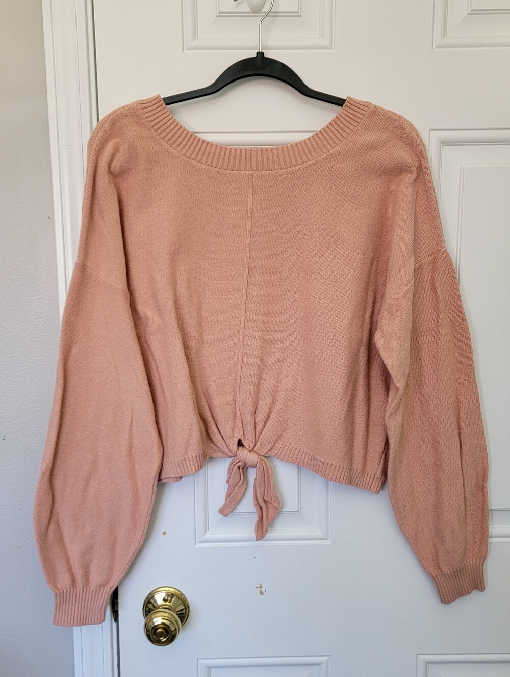 Hollister Peachy Pink Tie Front Relaxed Sleeve Knit Sweater Casual Cozy Size XL